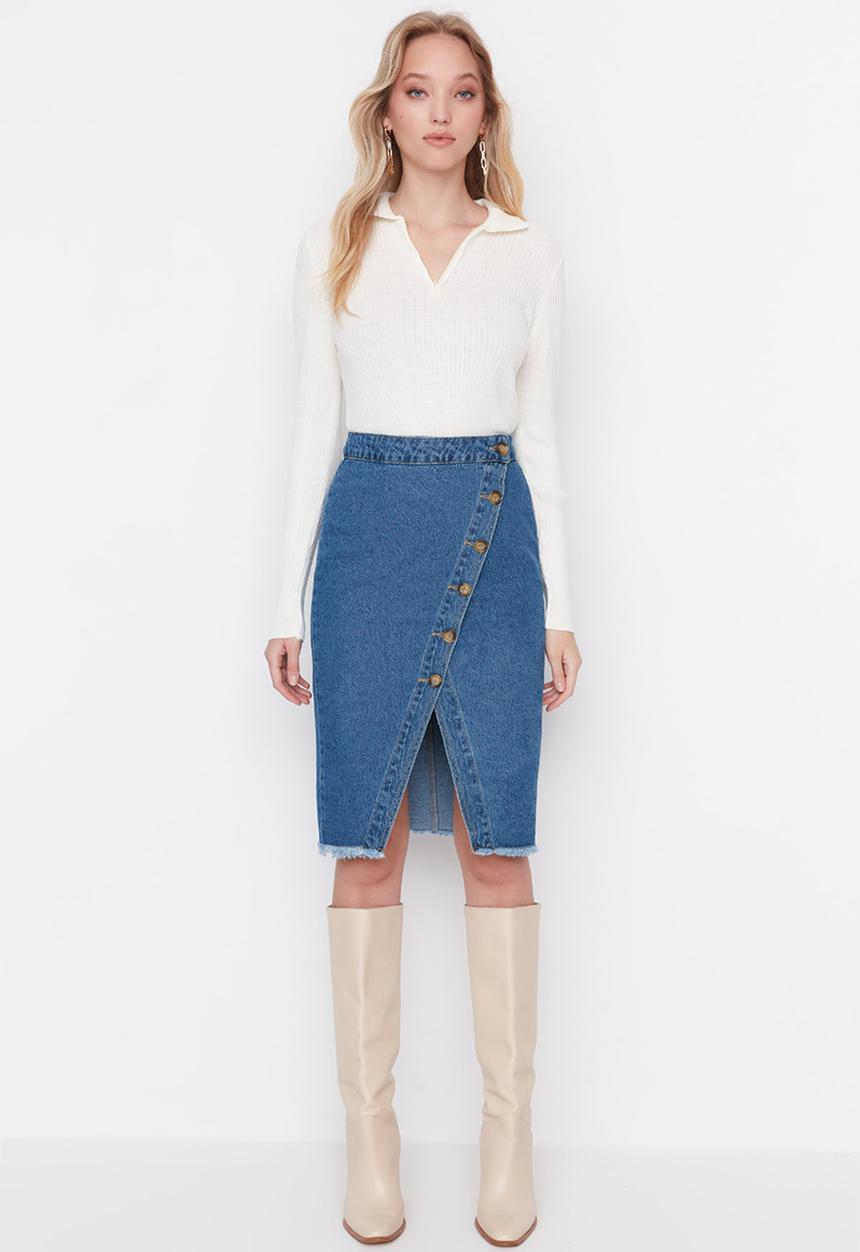 Trendyol - Side cut midi skirt - blue