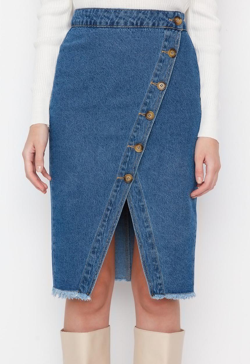 Trendyol - Side cut midi skirt - blue