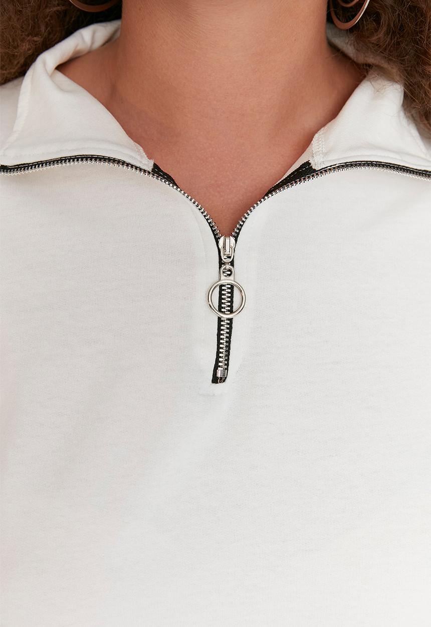 Trendyol - Plus polo neck zip sweatshirt - ecru