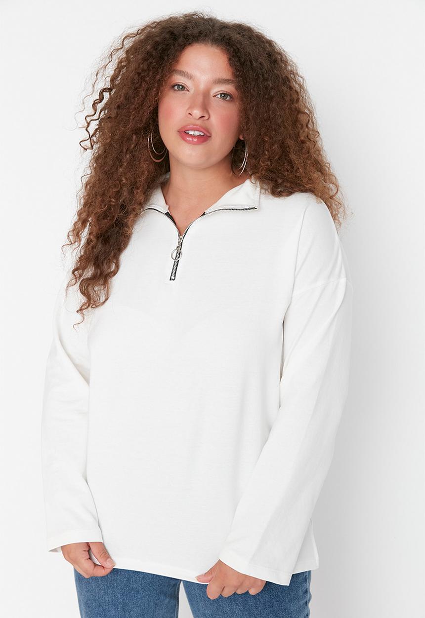 Trendyol - Plus polo neck zip sweatshirt - ecru