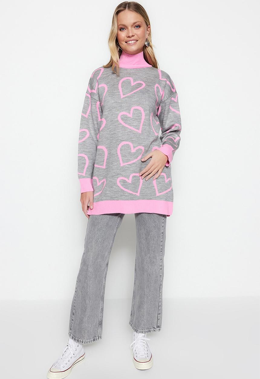 Trendyol - Modest heart print midi sweater - pink