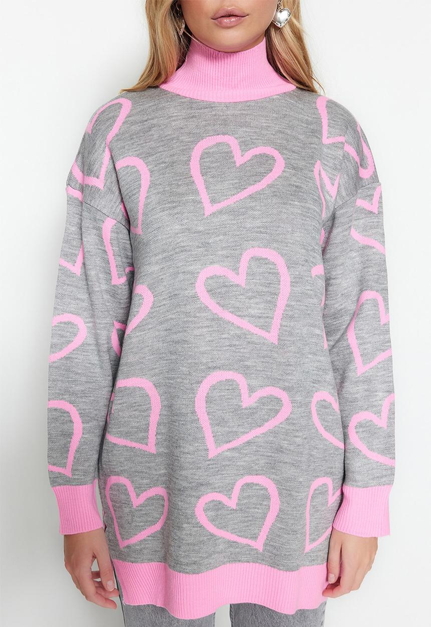 Trendyol - Modest heart print midi sweater - pink