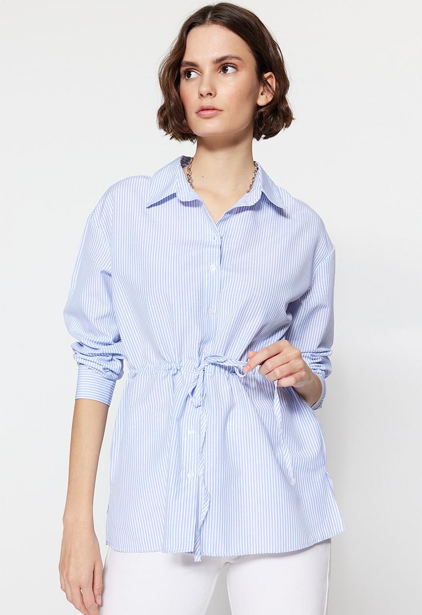 Trendyol - Waist tie button down shirt - blue