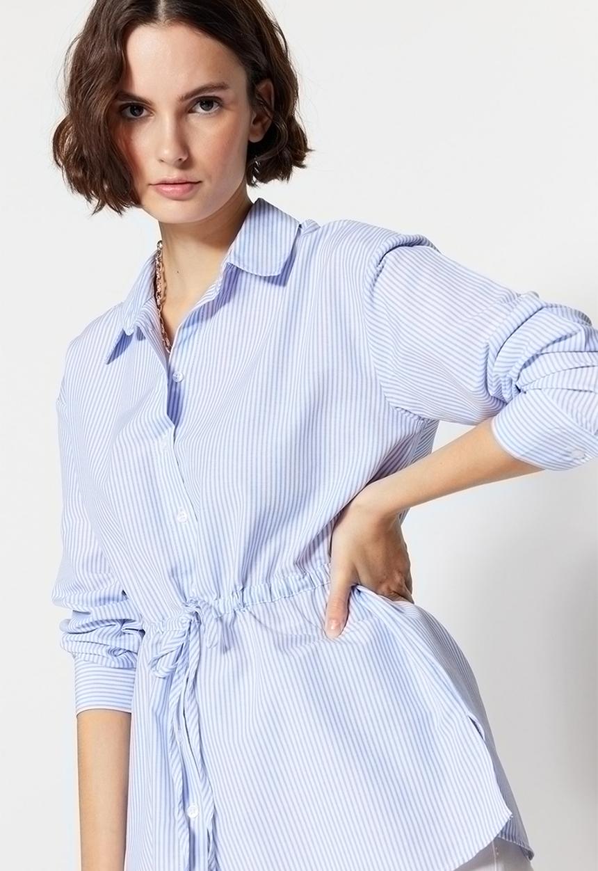 Trendyol - Waist tie button down shirt - blue