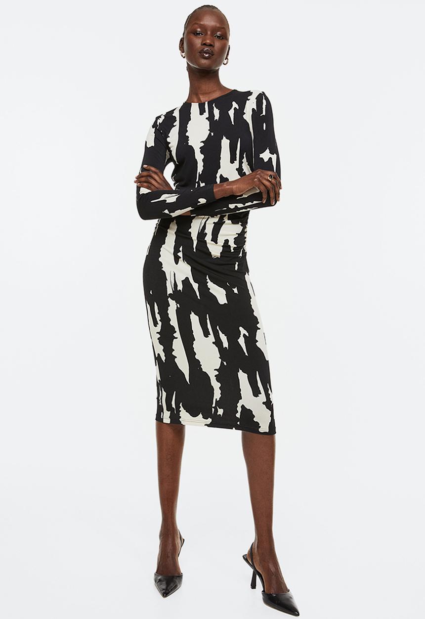 H&M - Gathered bodycon dress - black/patterned