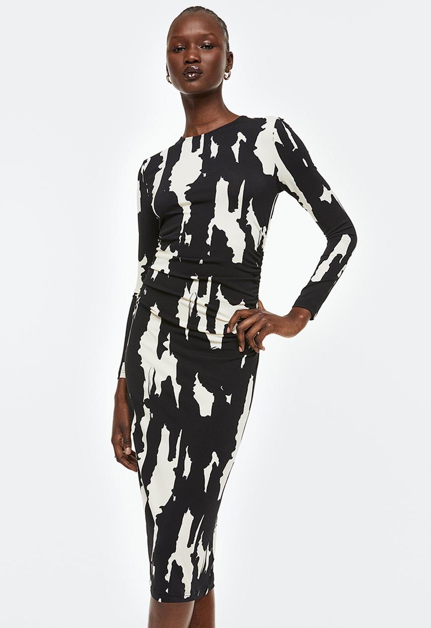 H&M - Gathered bodycon dress - black/patterned