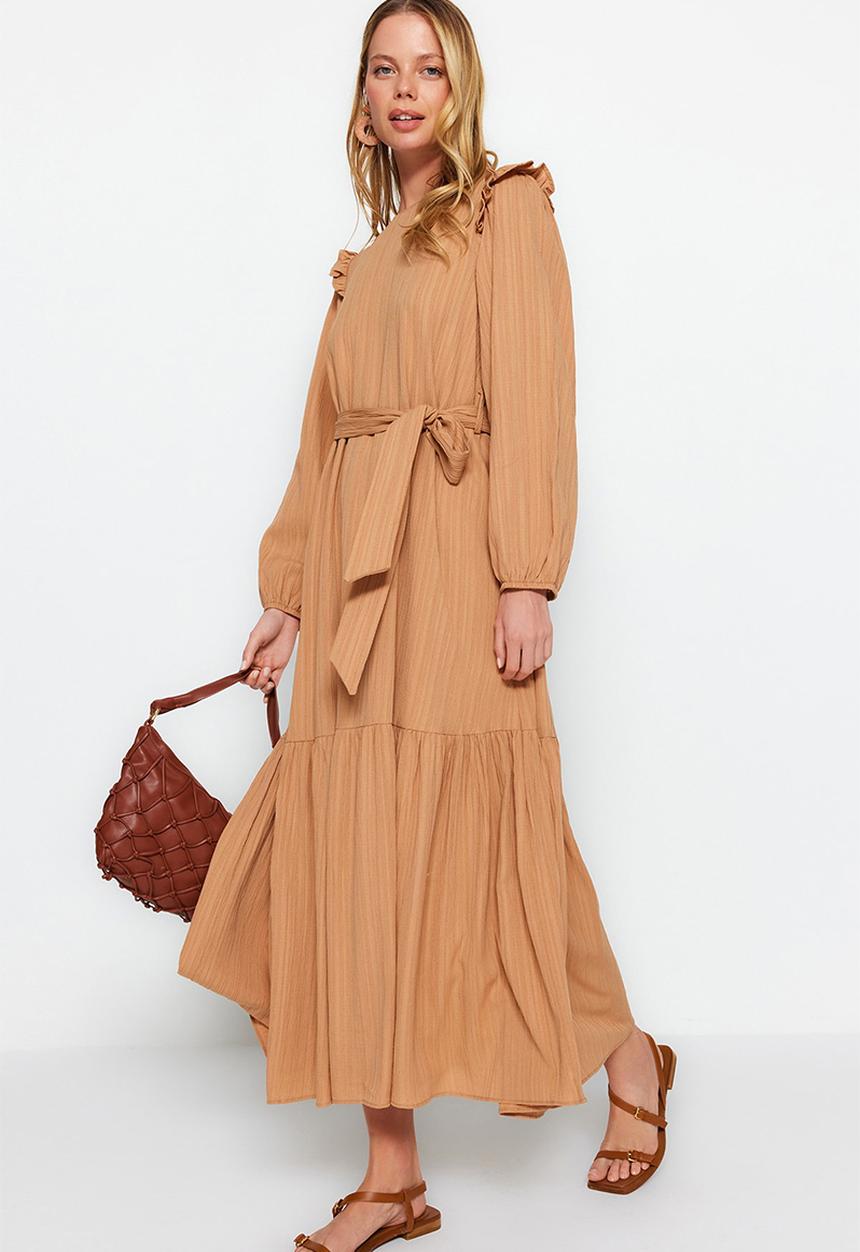 Trendyol - Modest frill long sleeve dress - beige