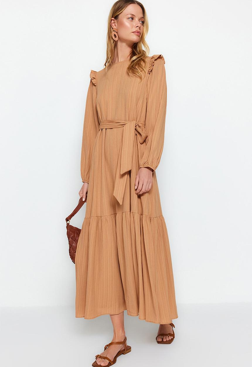 Trendyol - Modest frill long sleeve dress - beige
