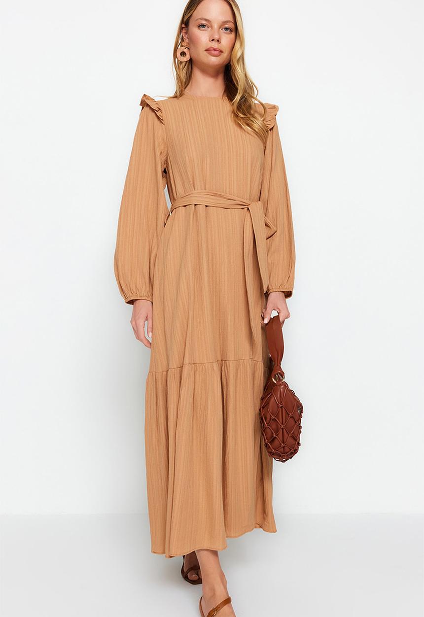 Trendyol - Modest frill long sleeve dress - beige