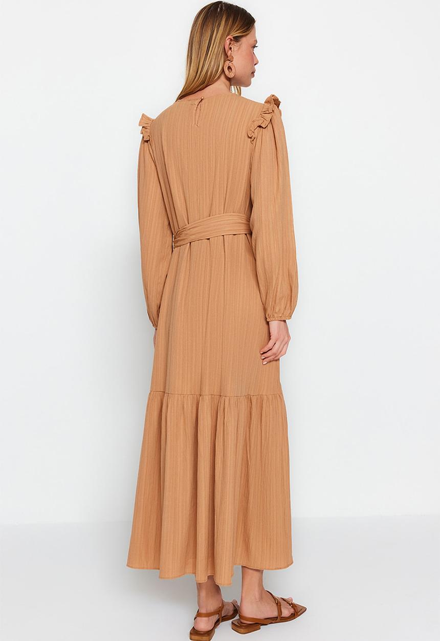 Trendyol - Modest frill long sleeve dress - beige