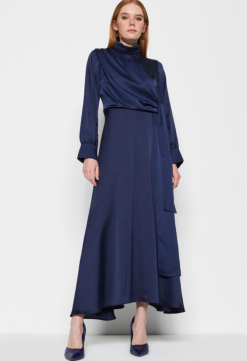 Trendyol - Modest high neck satin dress - navy