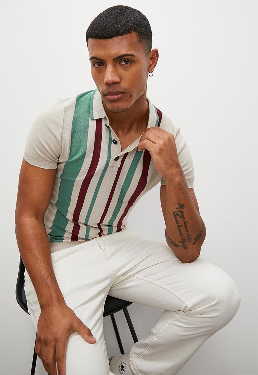 Superbalist - Placket collar s/s stripe knit golfer - stone/sage