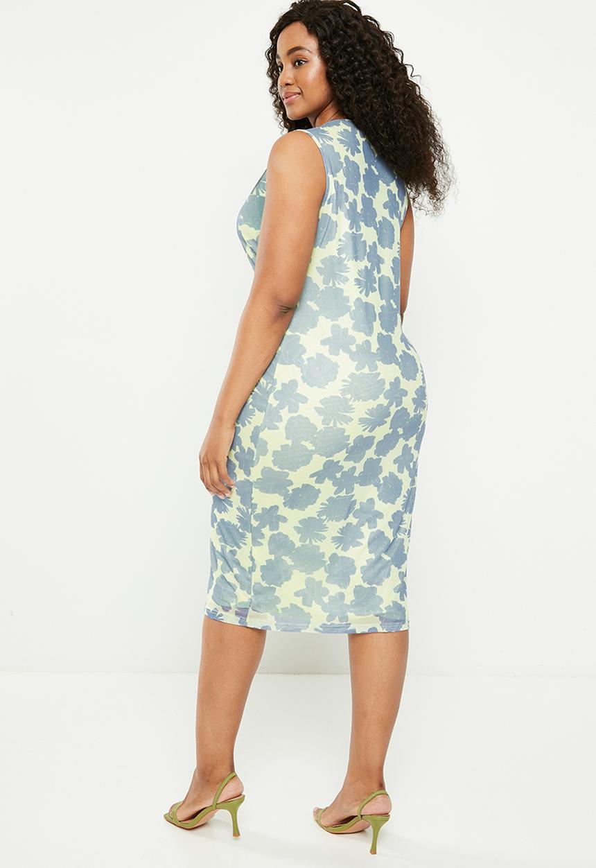 Plus Cut Out Midi Slip Dress - Blue & Green Floral Mesh