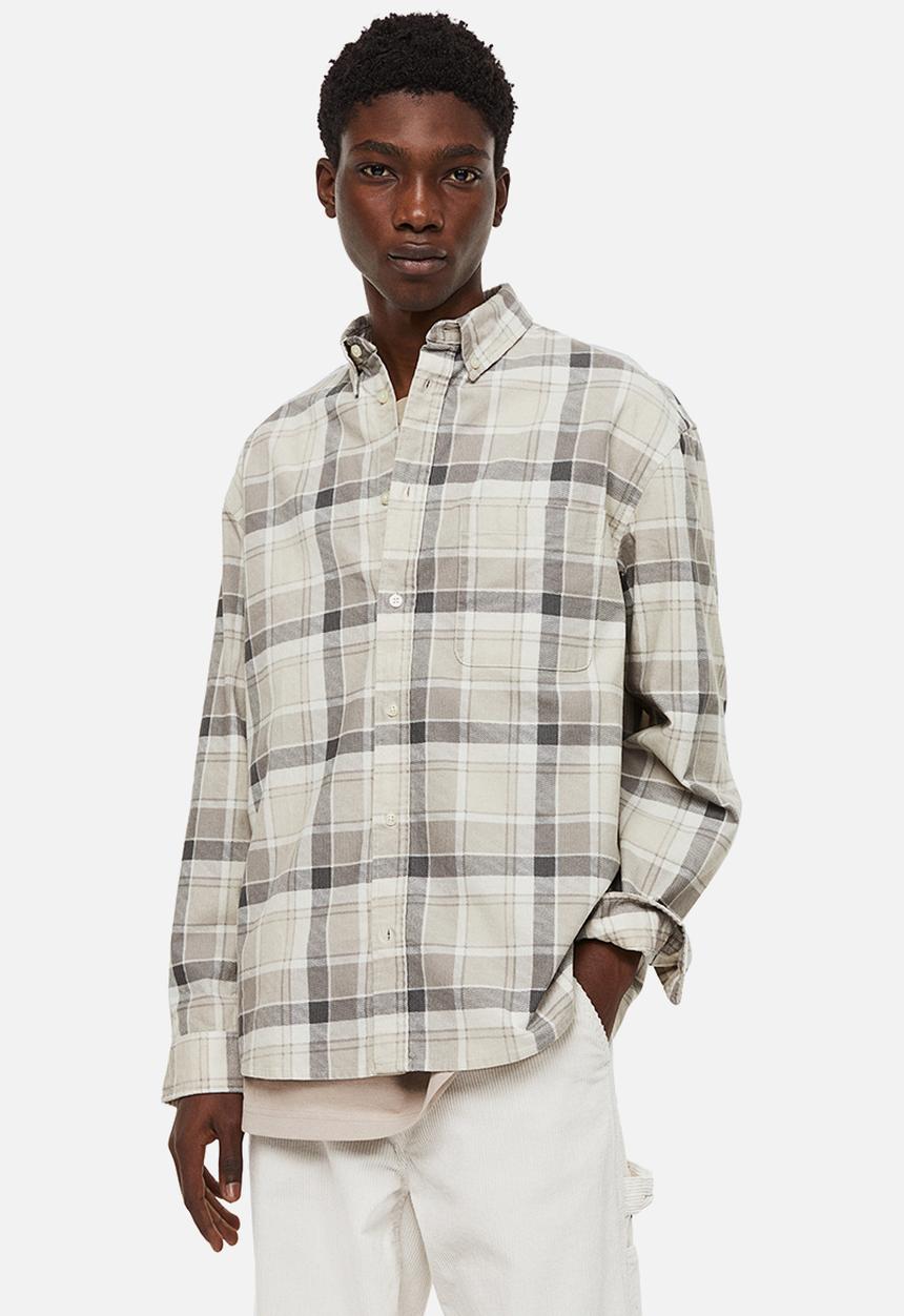 H&M - Relaxed fit corduroy shirt - light grey checked 