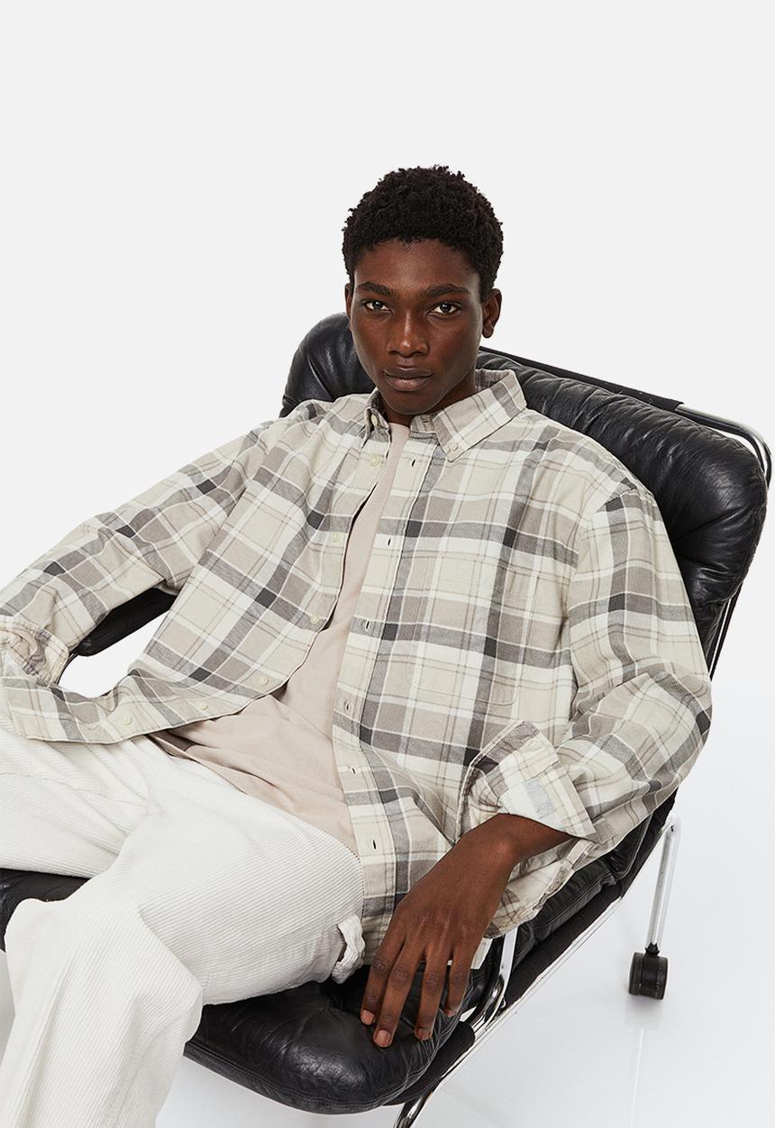 H&M - Relaxed fit corduroy shirt - light grey checked 