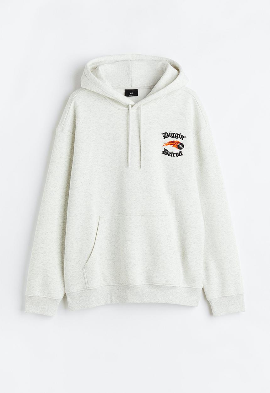 H&M - Relaxed fit printed hoodie - grey marl diggin' detroit 