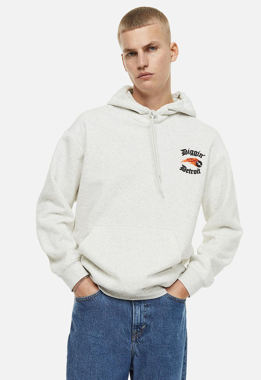 H&M - Relaxed fit printed hoodie - grey marl diggin' detroit 