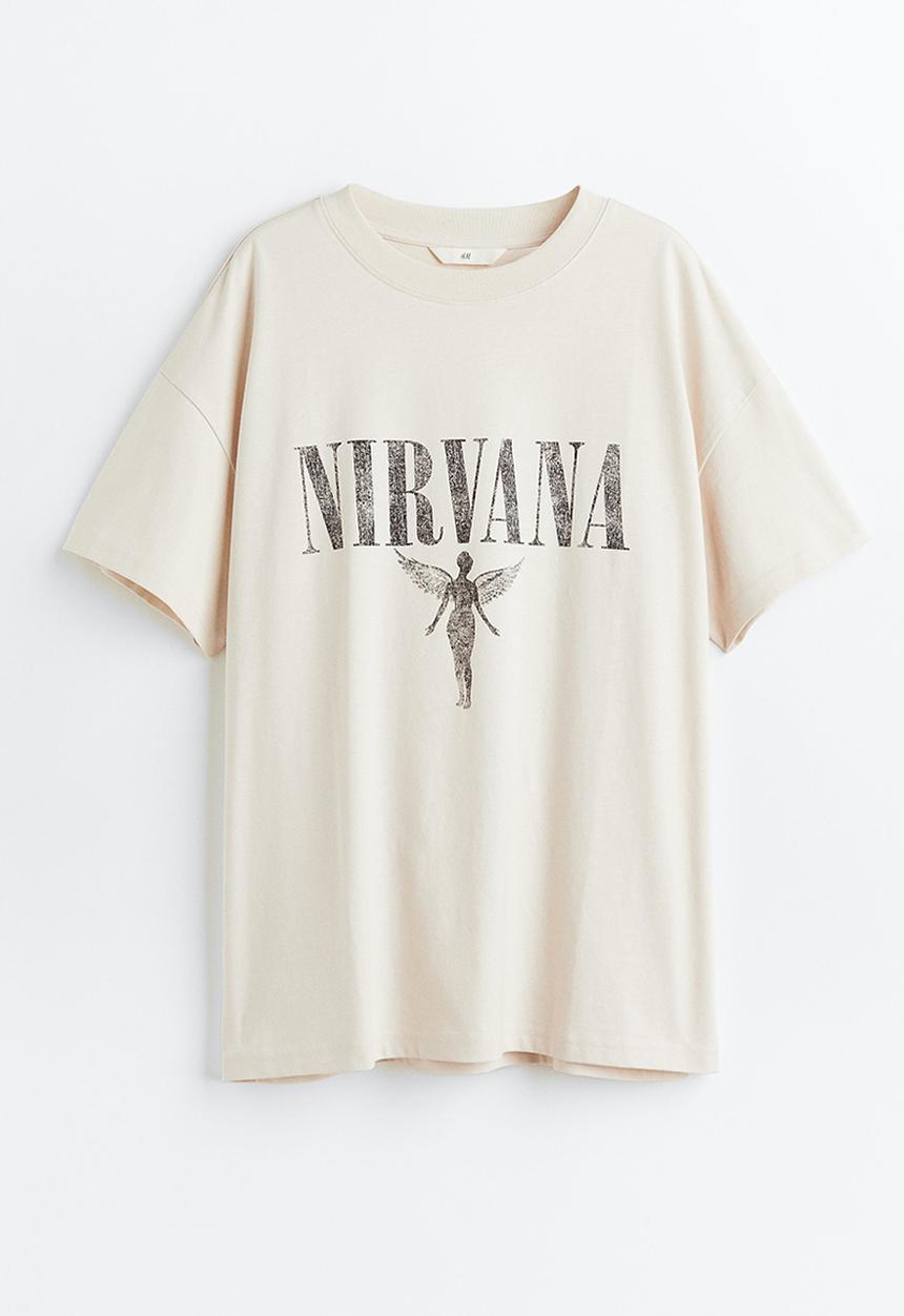 H&M - Oversized printed t-shirt - light beige/nirvana