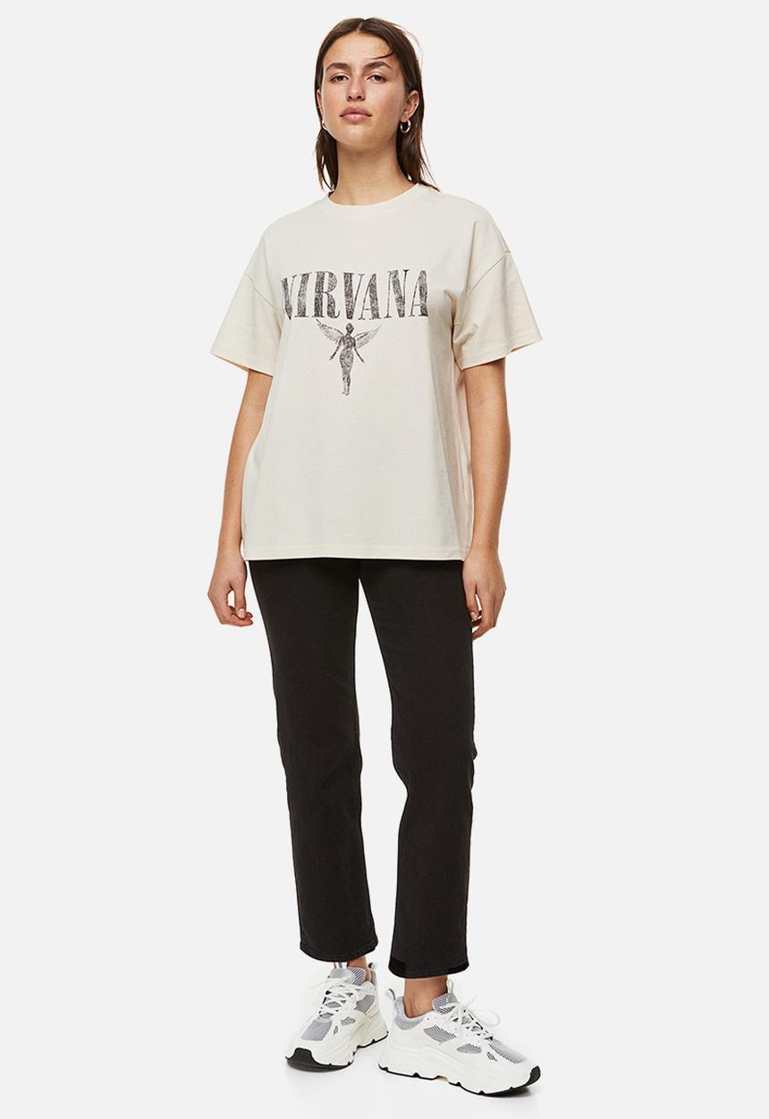 H&M - Oversized printed t-shirt - light beige/nirvana