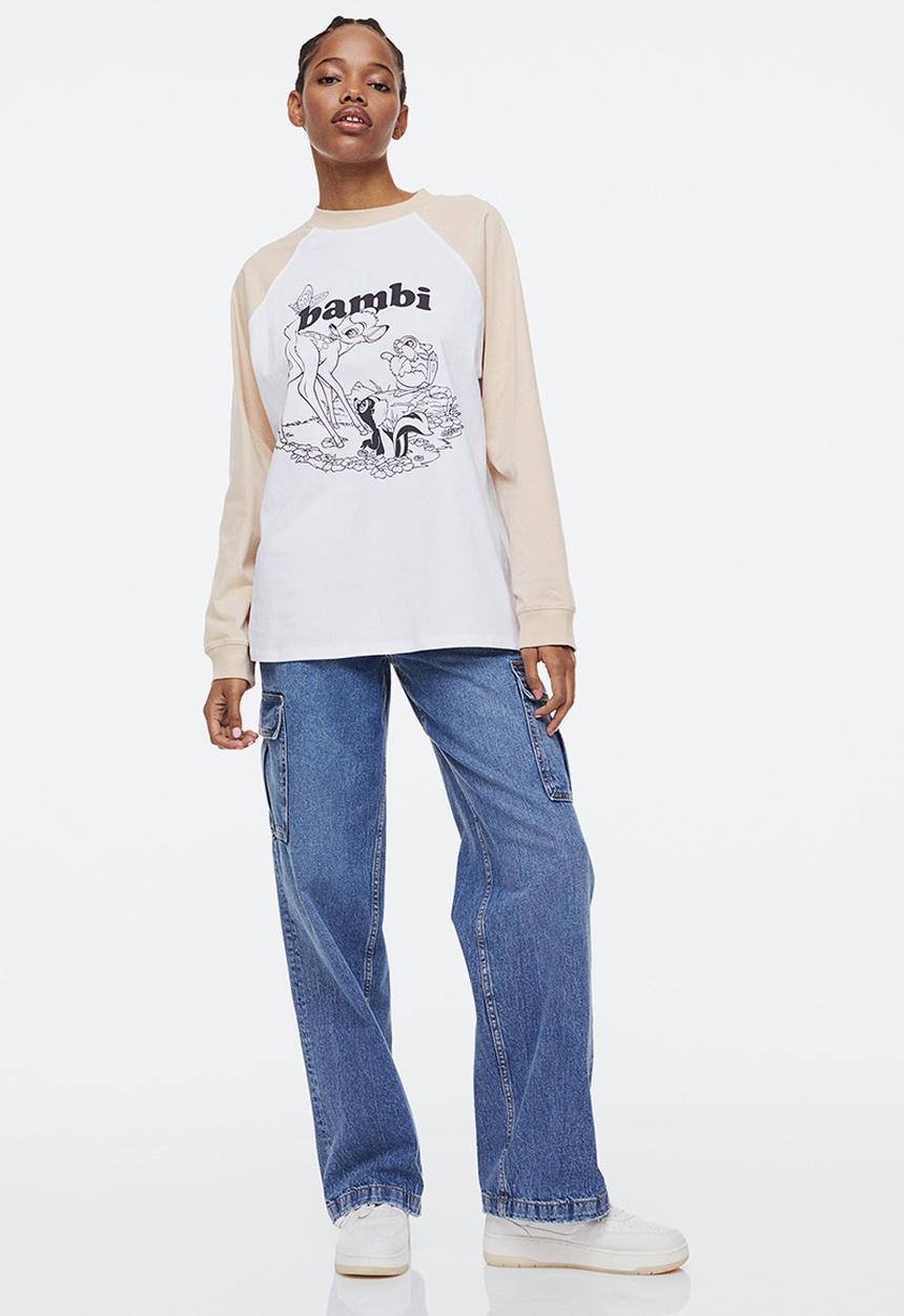 H&M - Long-sleeved printed top - beige/bambi