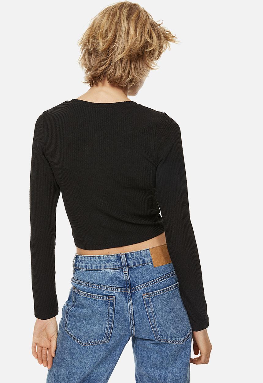 H&M - Embroidered ribbed top - black/flowers