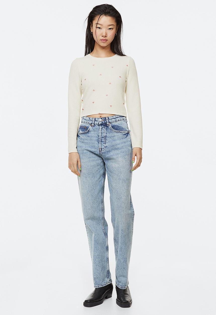H&M - Embroidered ribbed top - cream/hearts