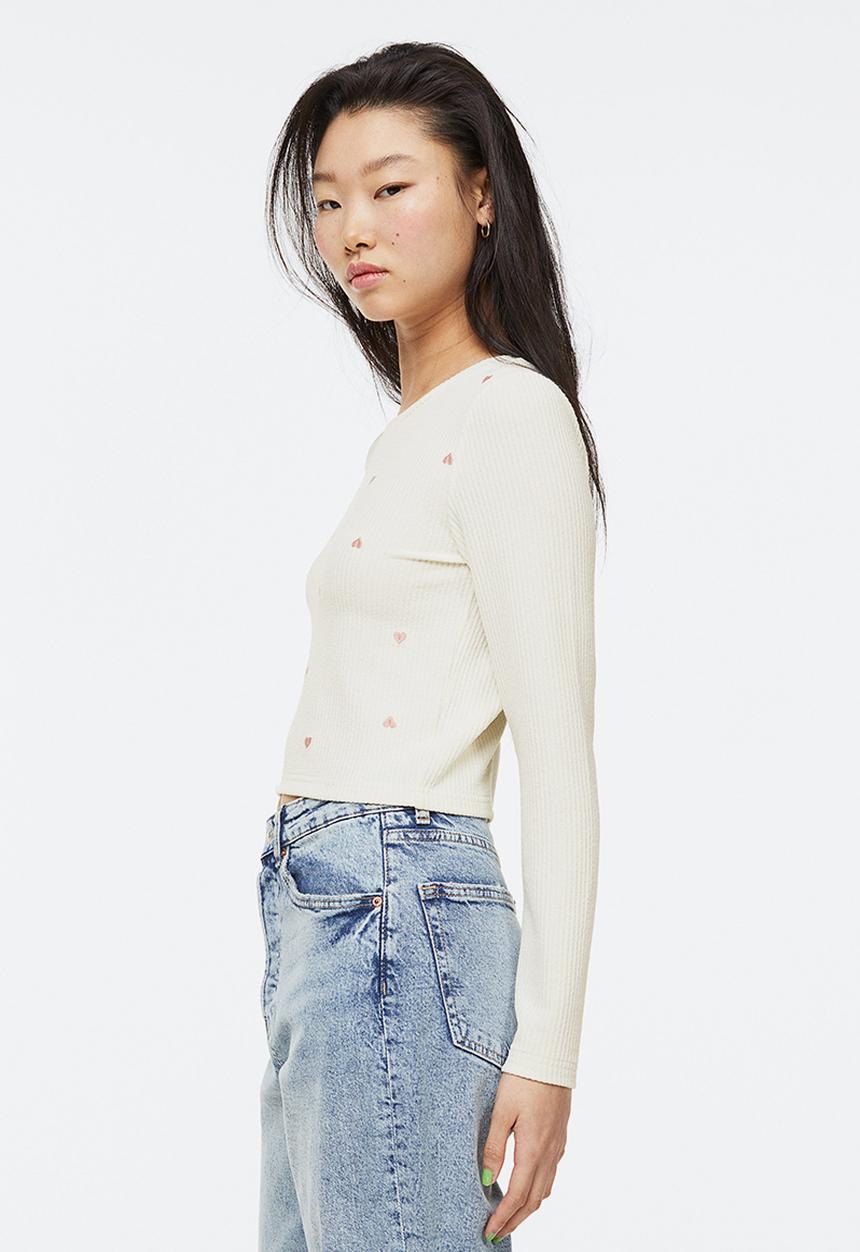 H&M - Embroidered ribbed top - cream/hearts