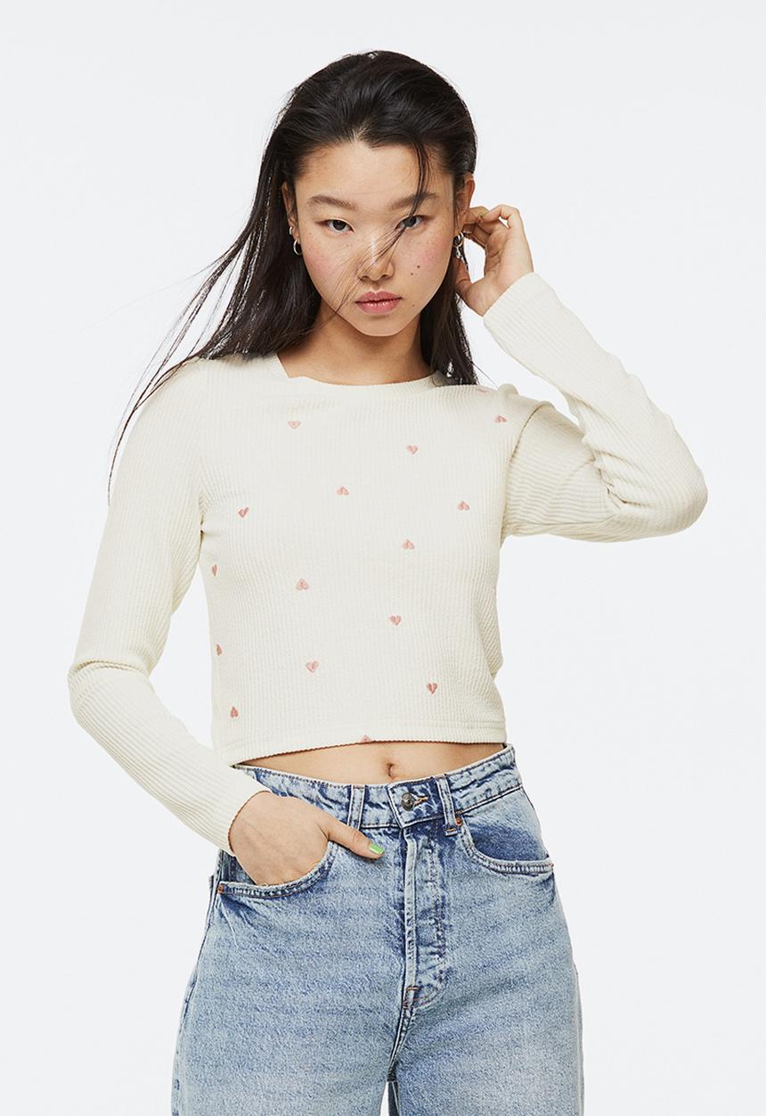 H&M - Embroidered ribbed top - cream/hearts