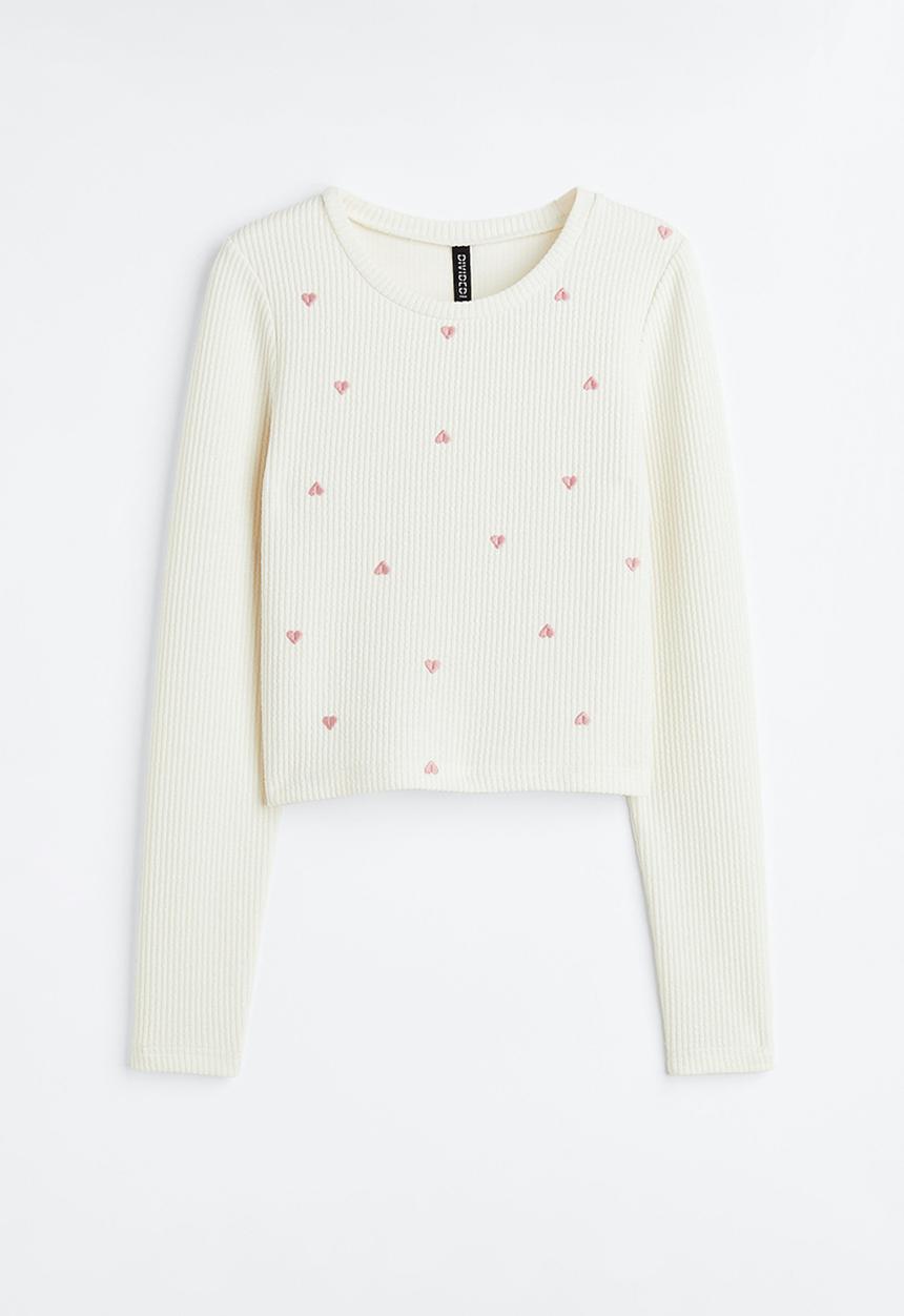 H&M - Embroidered ribbed top - cream/hearts