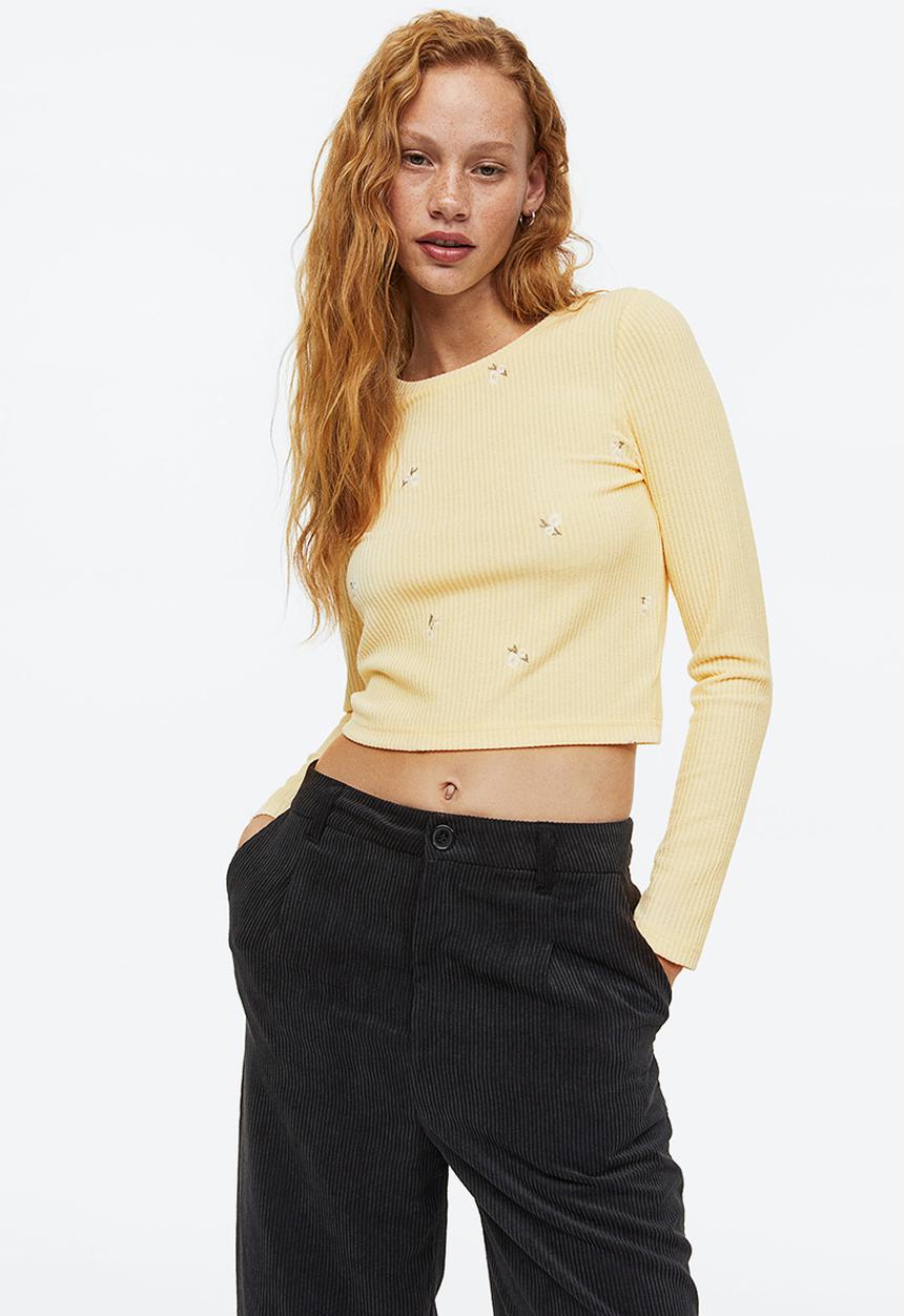 H&M - Embroidered ribbed top - light yellow/floral