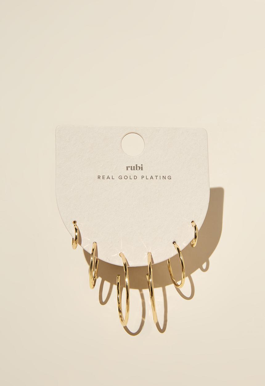 Rubi - 3pk mid earring - gold plated hammered metal