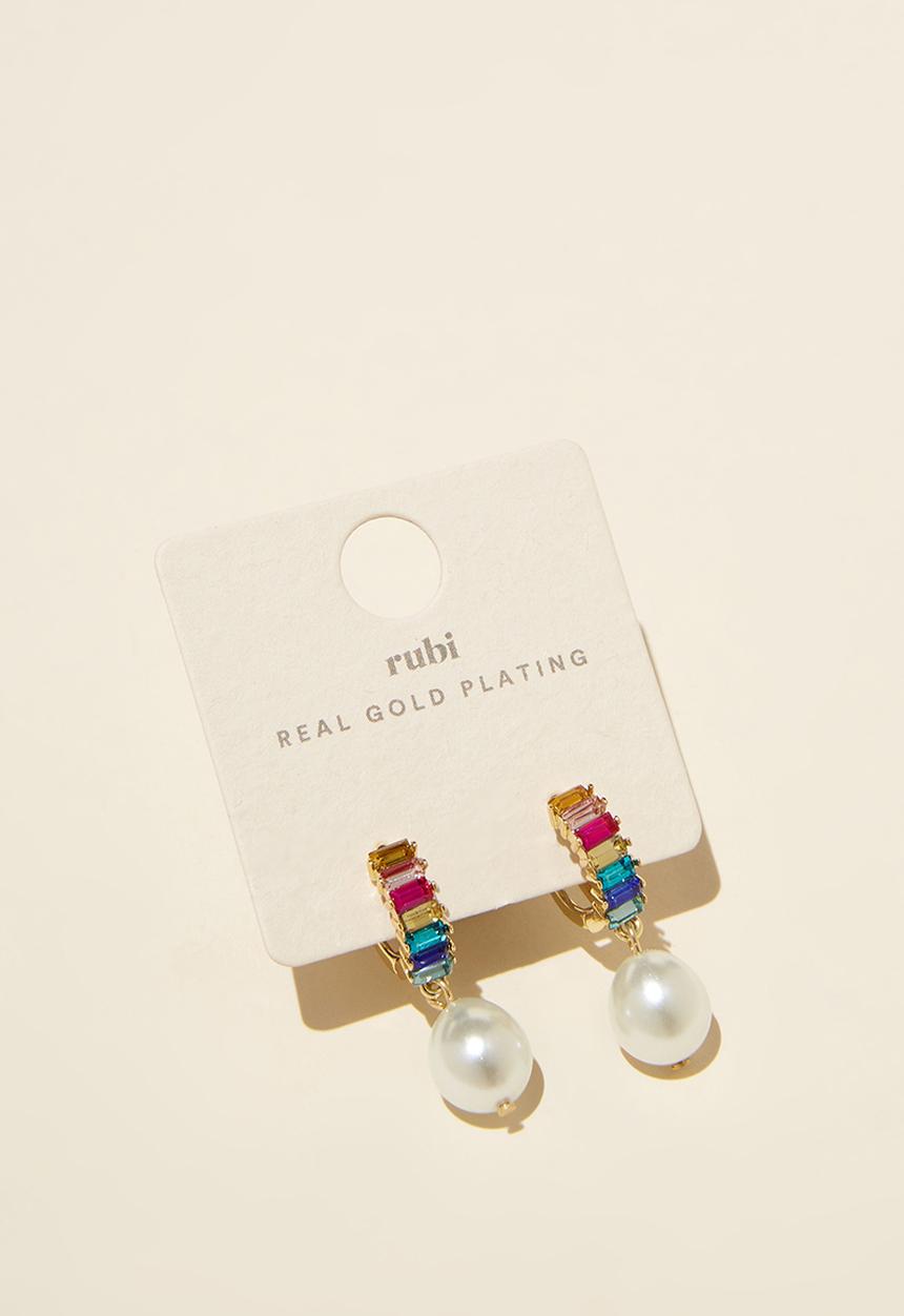 Rubi - Mid charm earring - gold plated rainbow baguette pearl