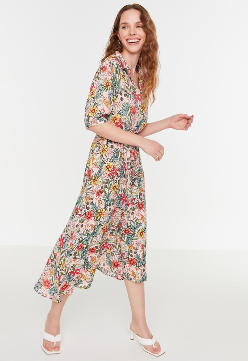 Trendyol - Short Sleeve Midi Shirt Dress - Lilac Print