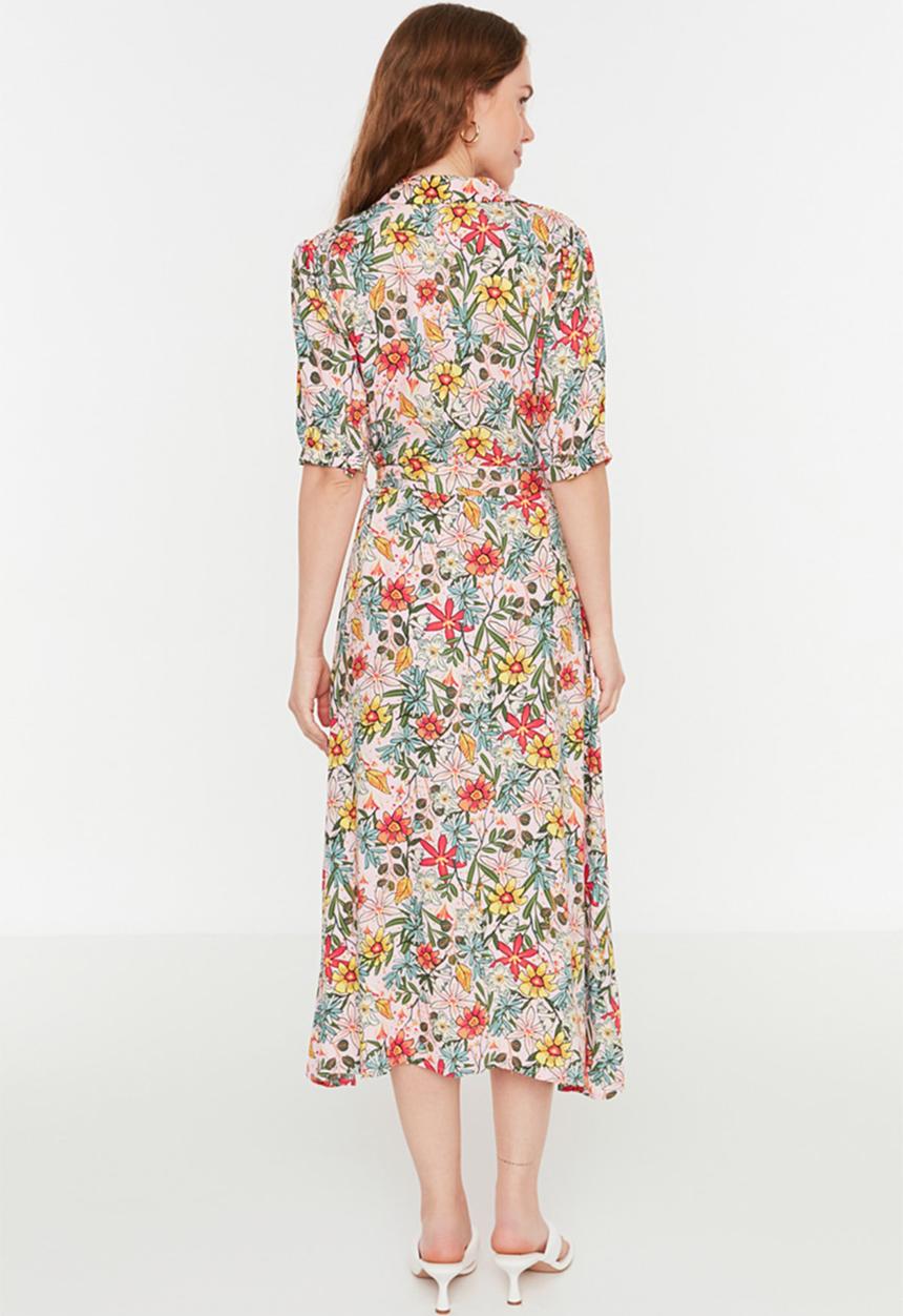 Trendyol - Short Sleeve Midi Shirt Dress - Lilac Print