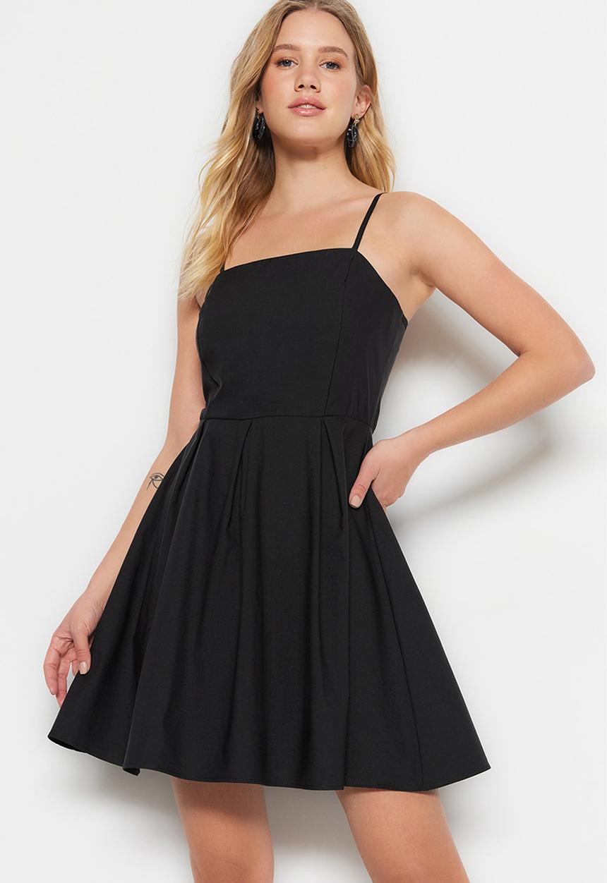 Trendyol - Thin Strap Mini Skater Dress - Black