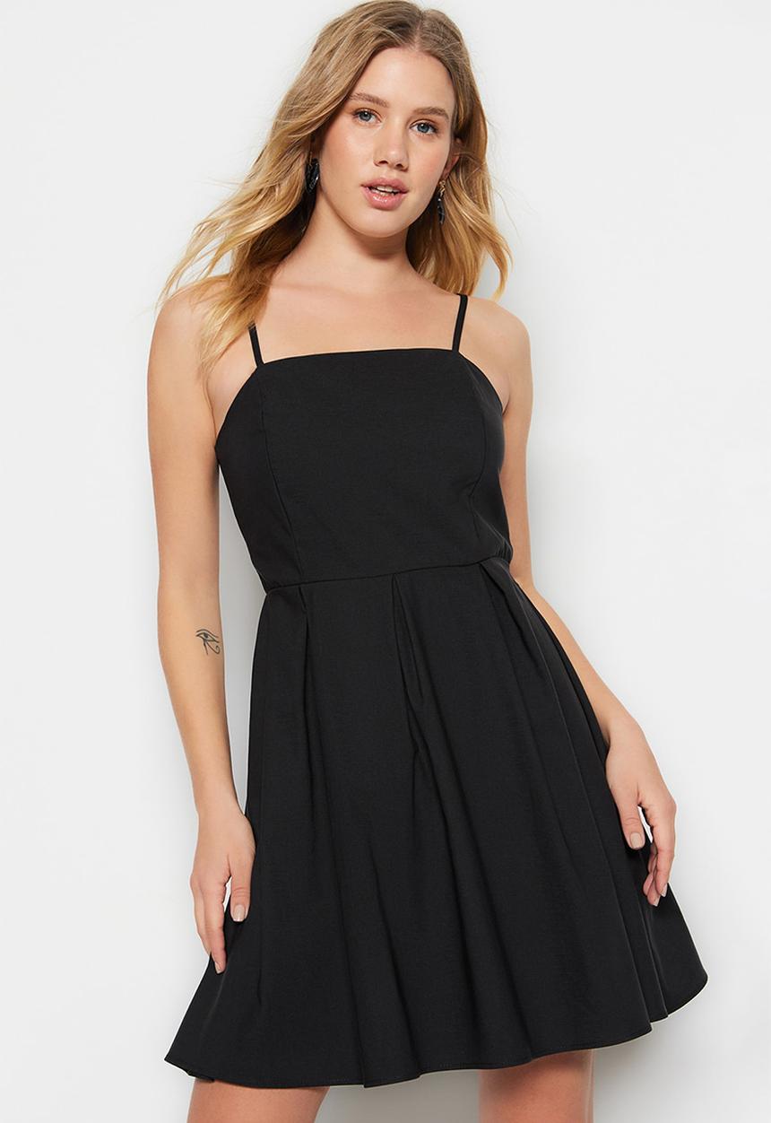 Trendyol - Thin Strap Mini Skater Dress - Black