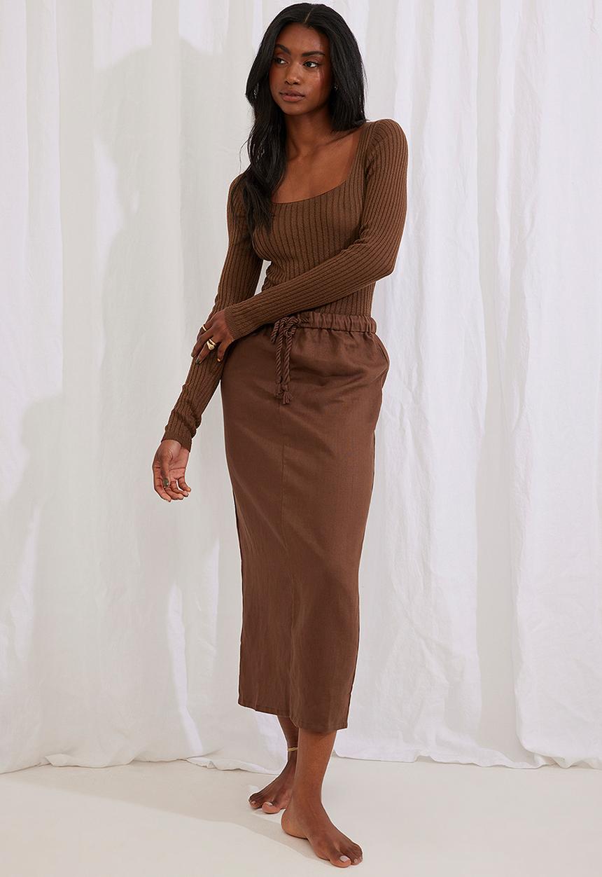 NA-KD - Linen midi skirt - brown