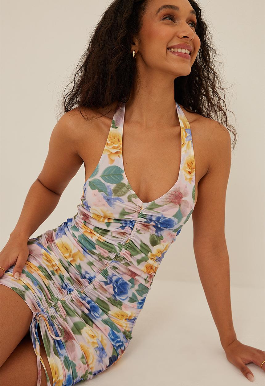 NA-KD - Halter-neck drawstring dress - flower print