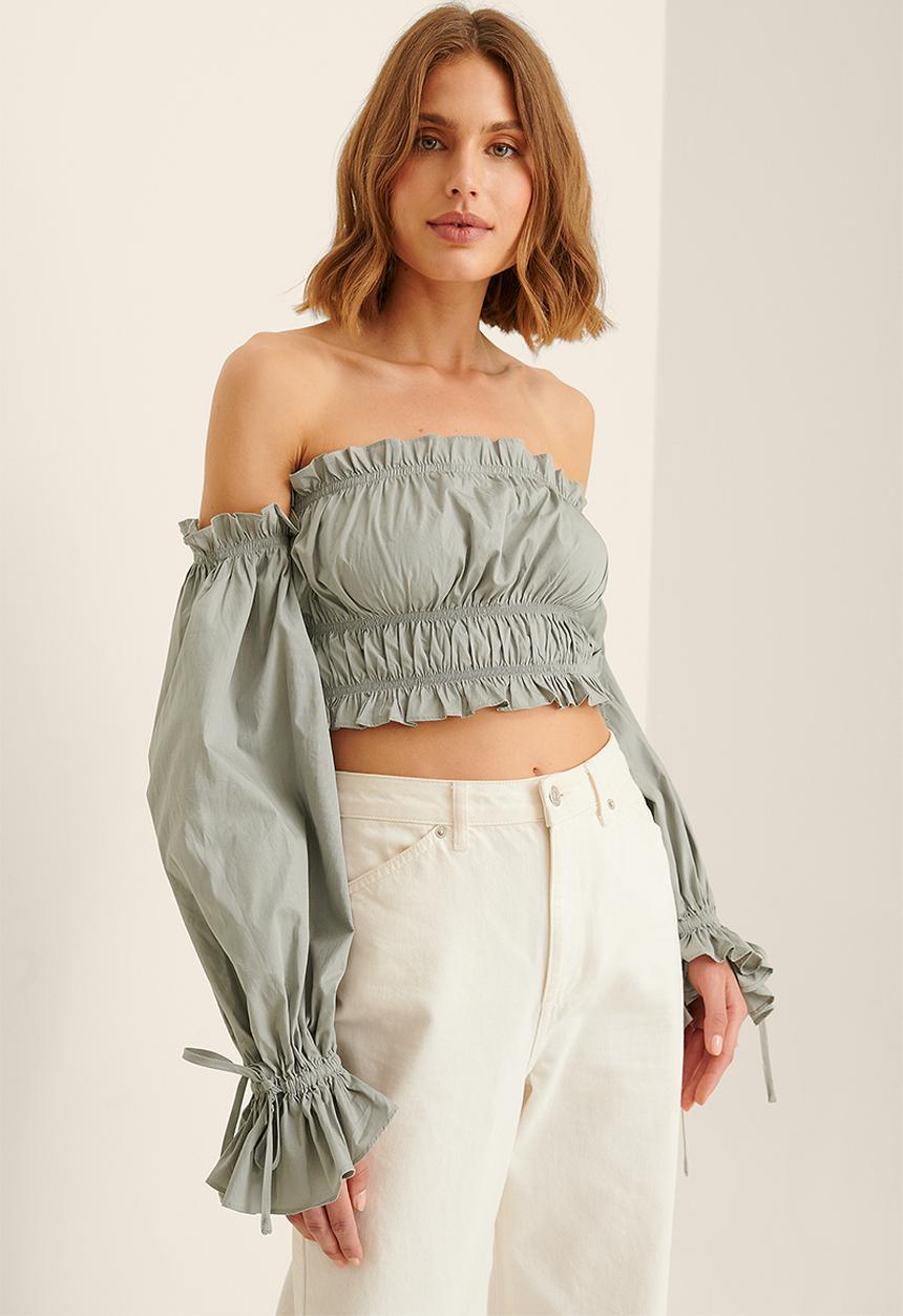 NA-KD - Off shoulder puff sleeve cotton blouse - dusty blue