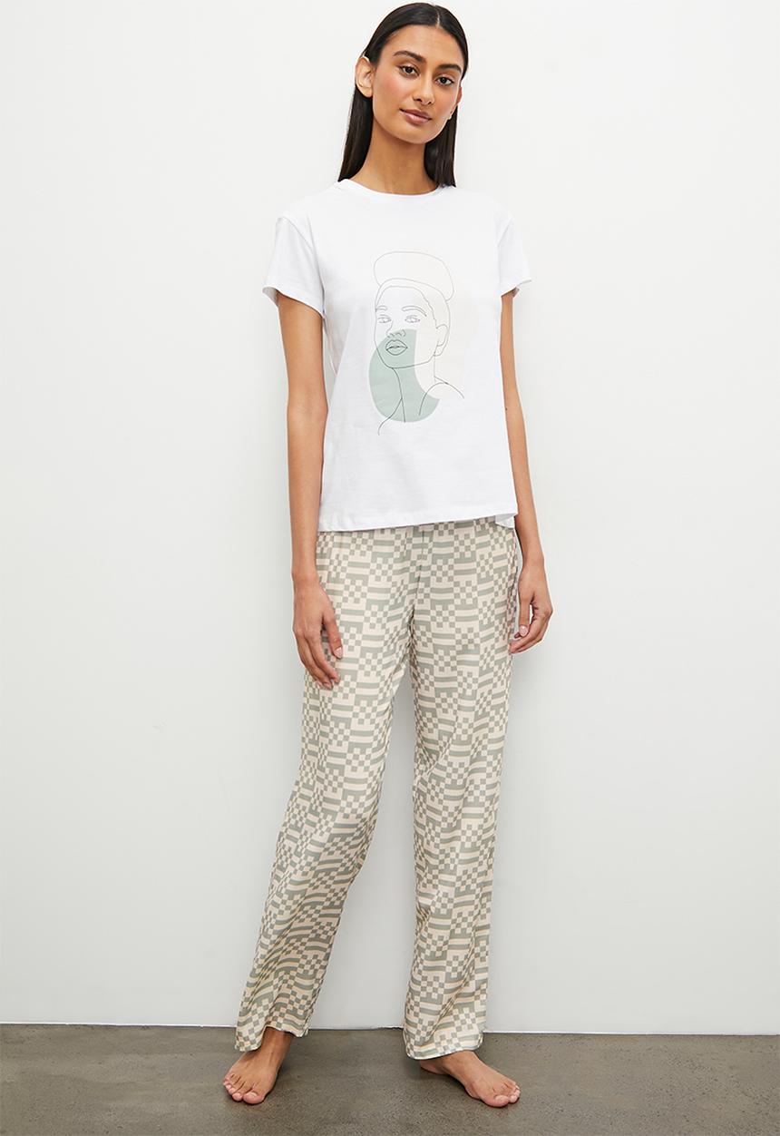 Superbalist - Ss placement print tee & aop woven print - white/sage irregular checkerboard