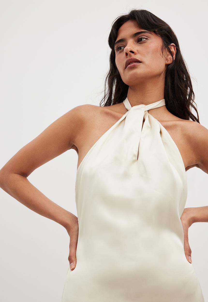 NA-KD - Twisted front satin midi dress - white