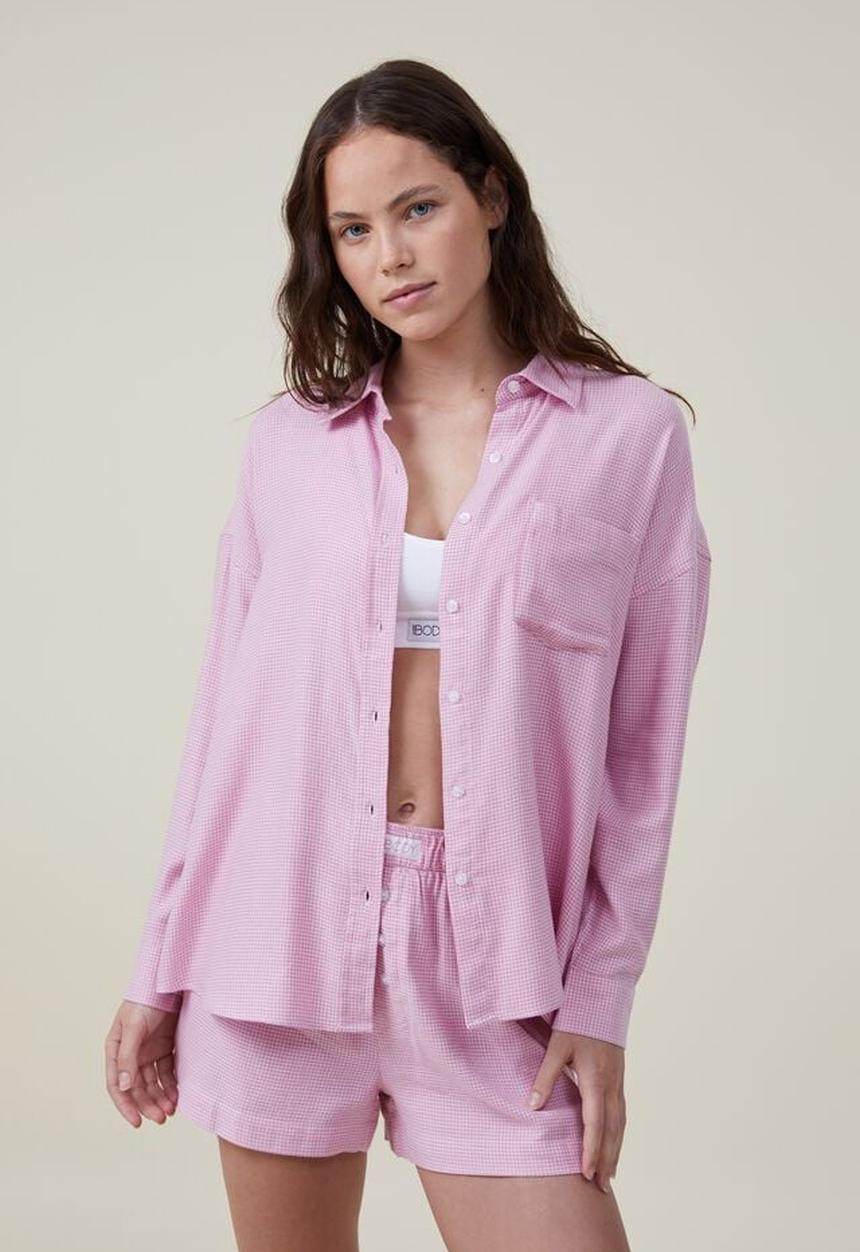 Cotton On - Flannel boyfriend long sleeve shirt - pink icing micro houndstooth