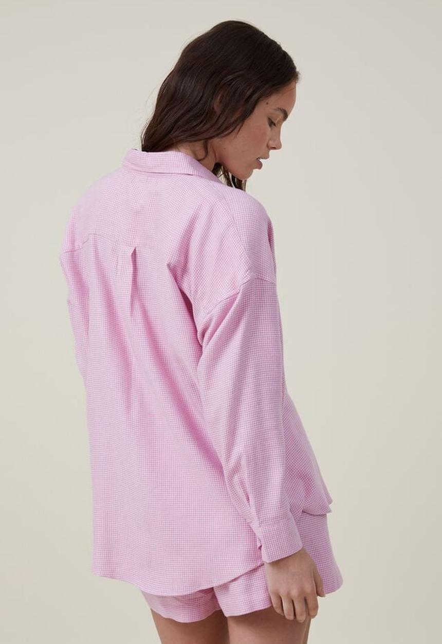 Cotton On - Flannel boyfriend long sleeve shirt - pink icing micro houndstooth