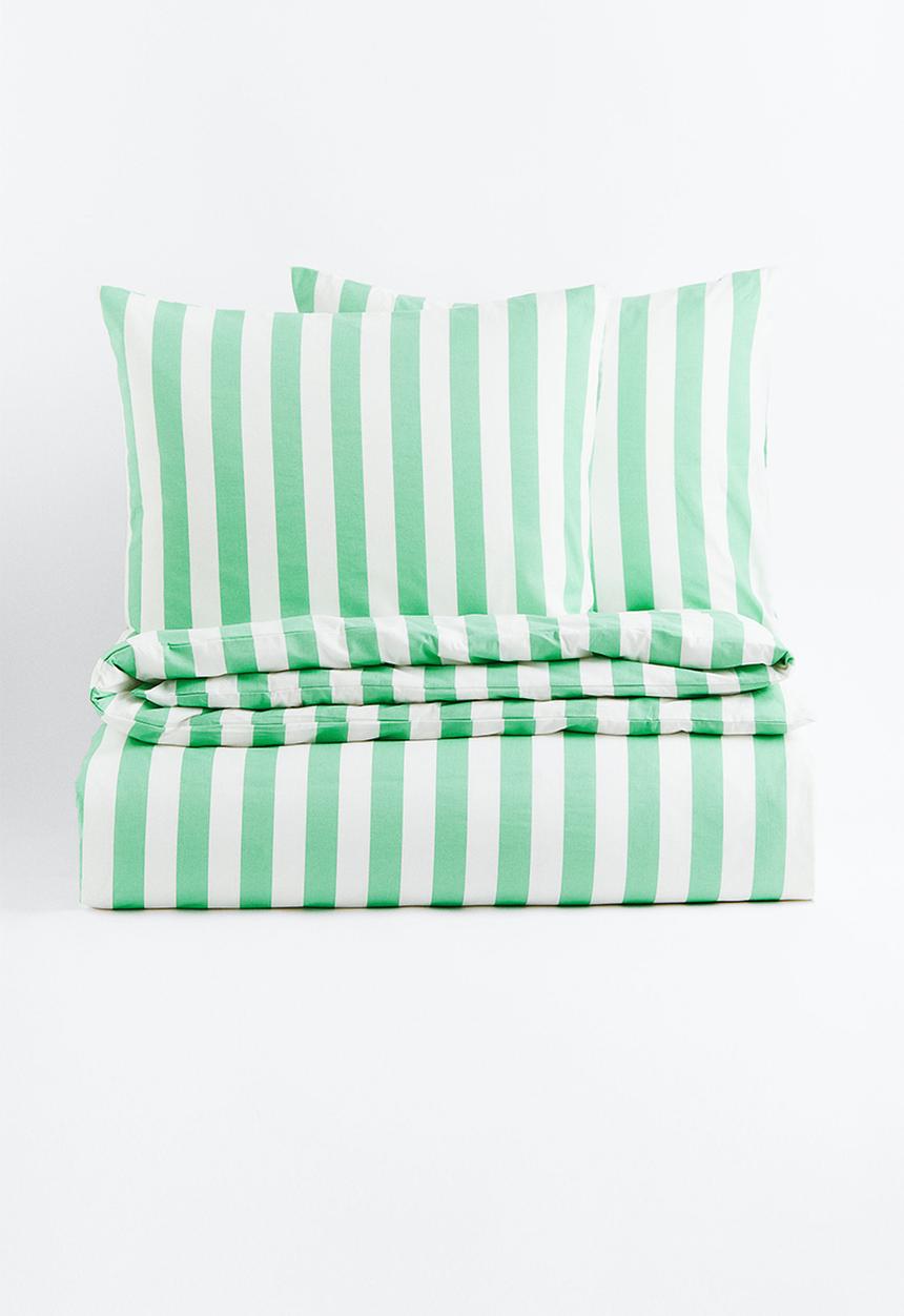 H&M - Striped double duvet cover set - light green/striped