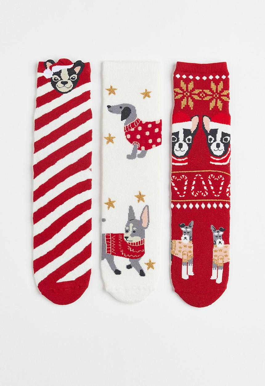 H&M - 3-pack terry socks - red / dogs 
