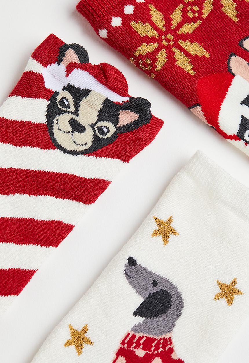H&M - 3-pack terry socks - red / dogs 