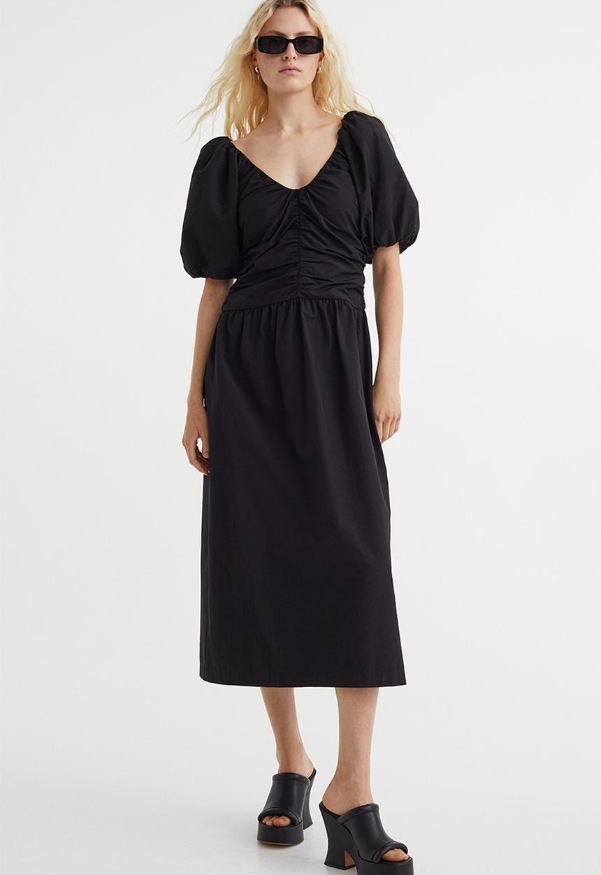 H&M - Gathered puff-sleeved dress - black