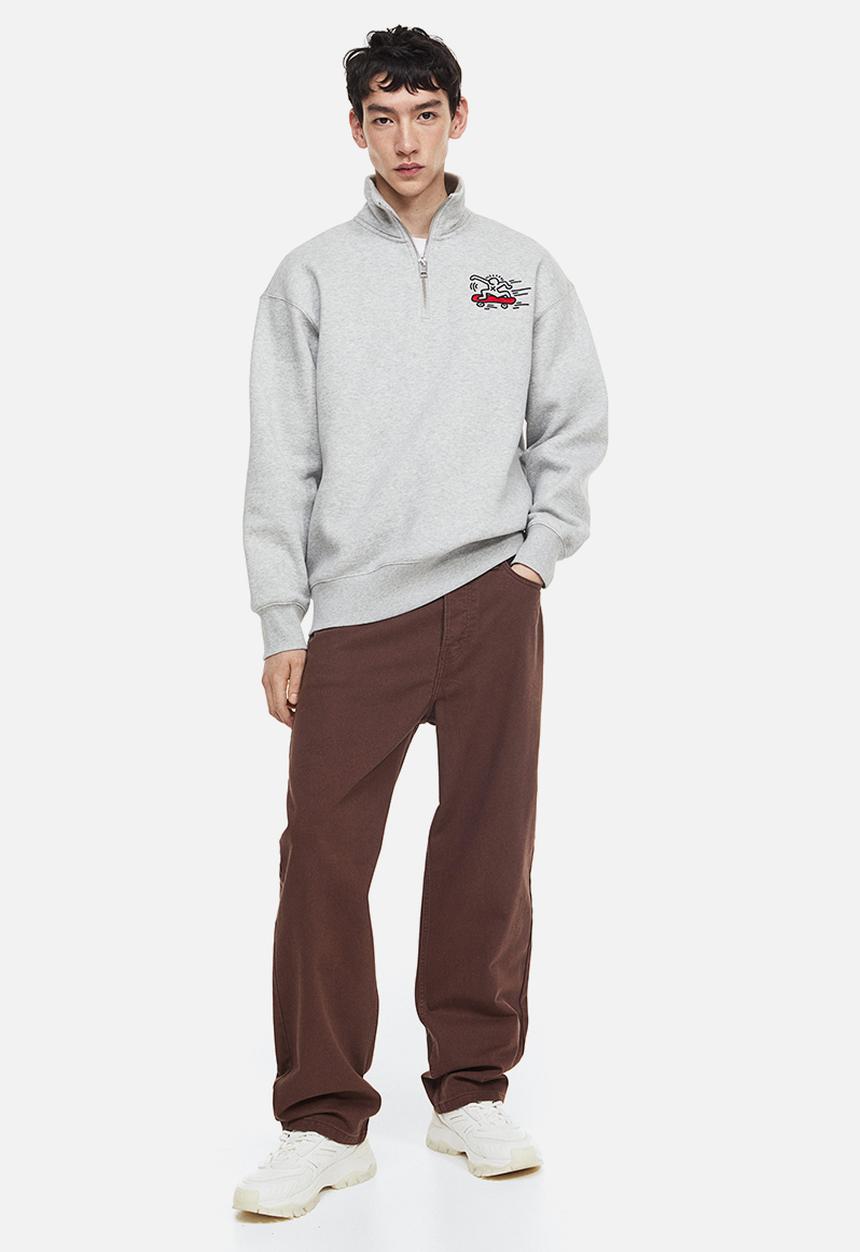 H&M - Relaxed fit zip-top sweatshirt - light grey marl/keith haring
