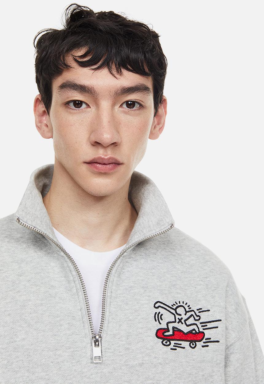 H&M - Relaxed fit zip-top sweatshirt - light grey marl/keith haring