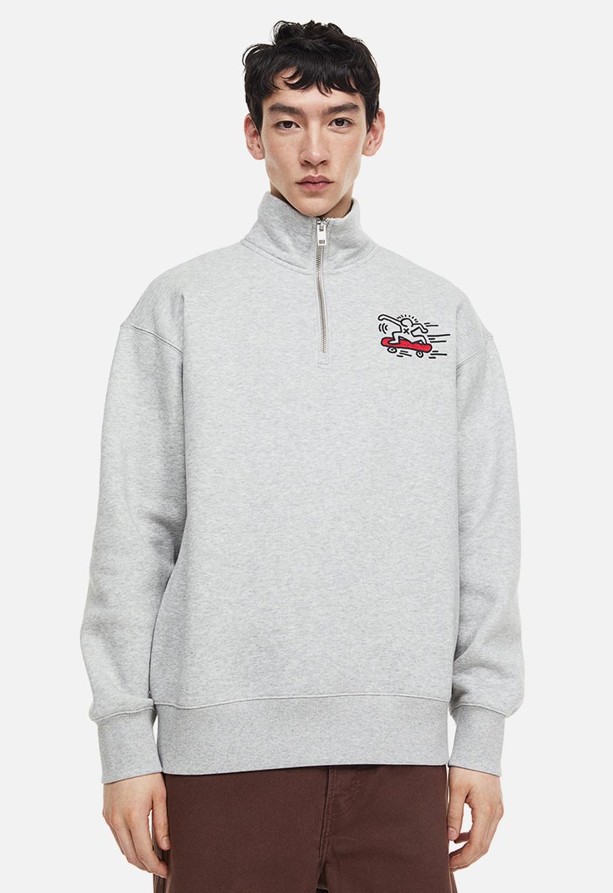 H&M - Relaxed fit zip-top sweatshirt - light grey marl/keith haring